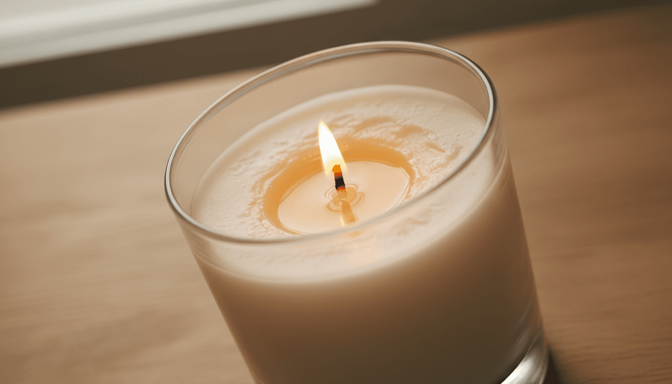 Vela artesanal de soja acesa com design minimalista