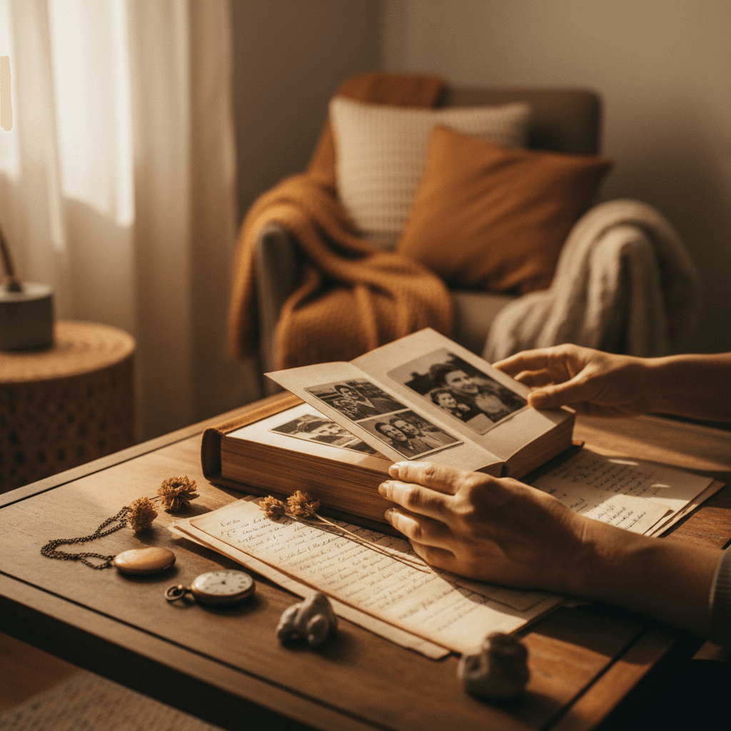 Adult hands carefully examining aged family photographs and ancestral documents on a wooden table in natural light