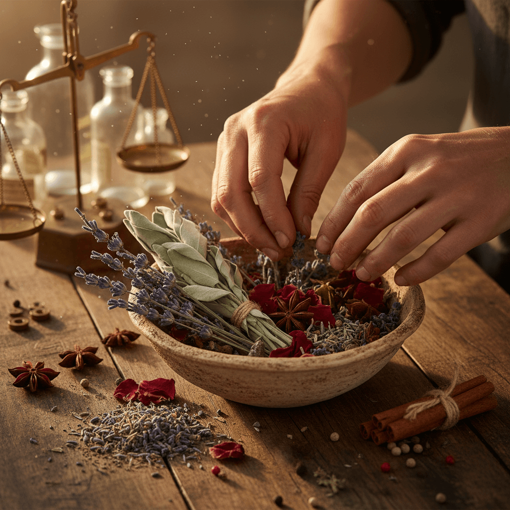 Skilled hands arranging dried herbs and botanical ingredients in ceramic bowl on wooden surface with natural light
