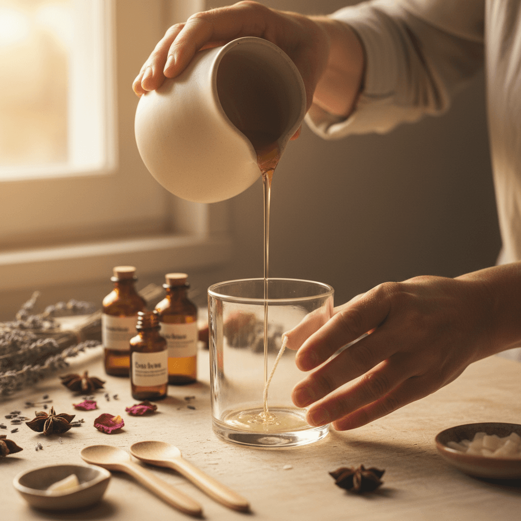 Artisan candle maker's hands pouring melted wax into glass vessel with natural light and botanical ingredients visible on wooden surface