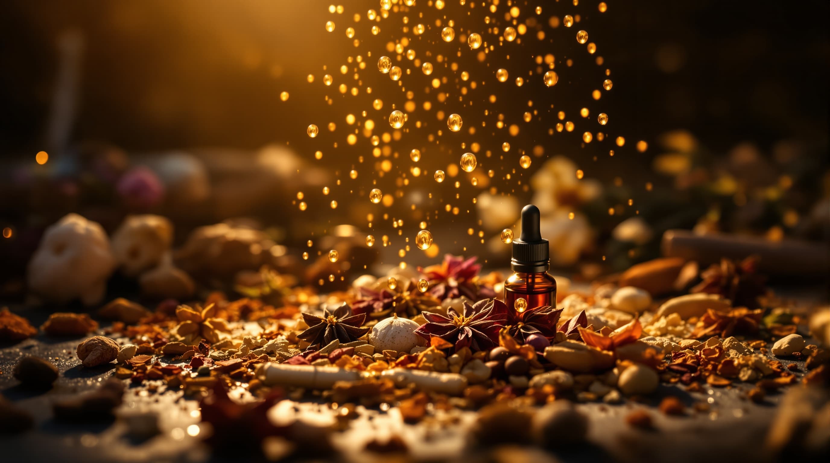 Frasco conta-gotas cercado por especiarias sob uma chuva mágica de gotas douradas e brilhantes.