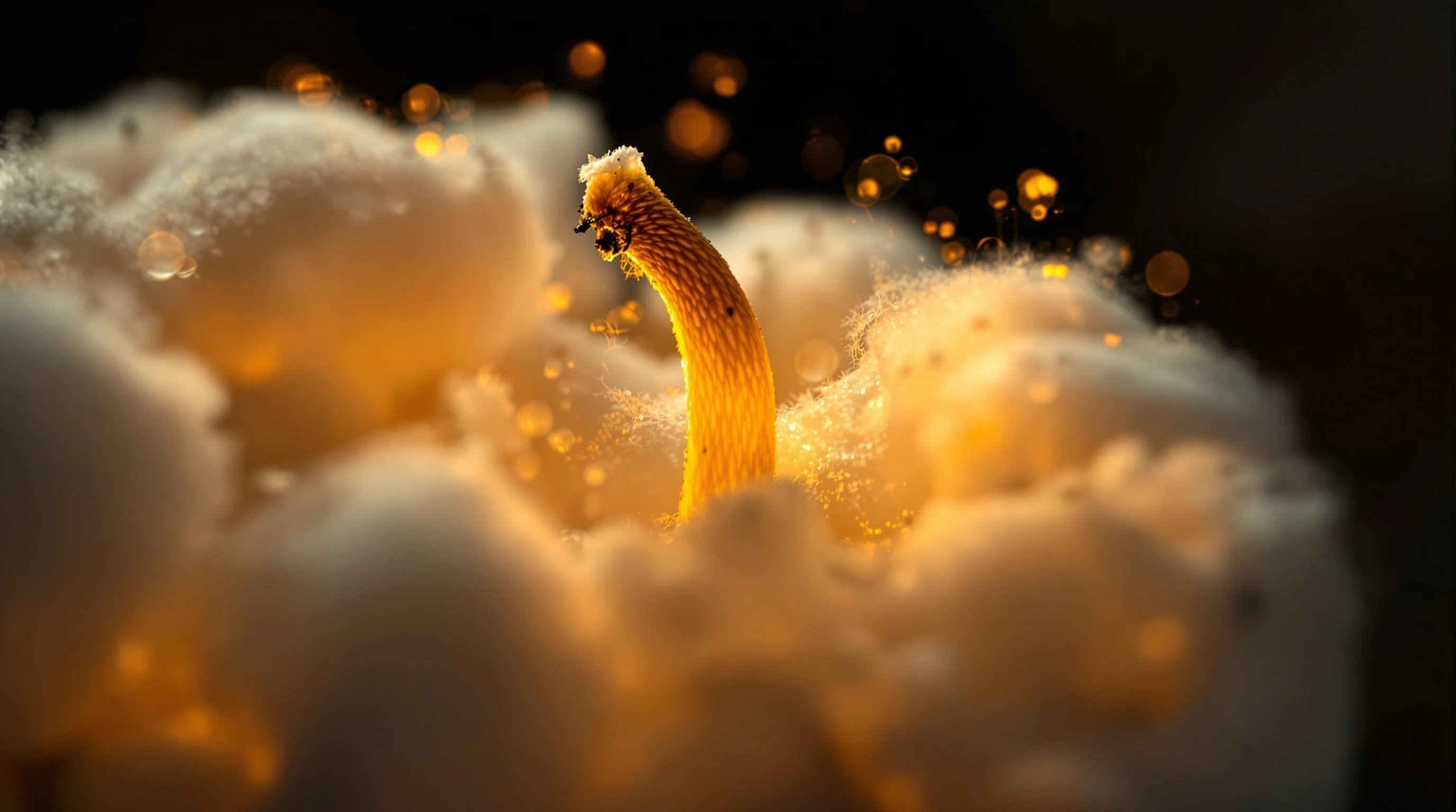 Haste amarela curvada emergindo de substância branca e fofa com luzes douradas ao fundo.