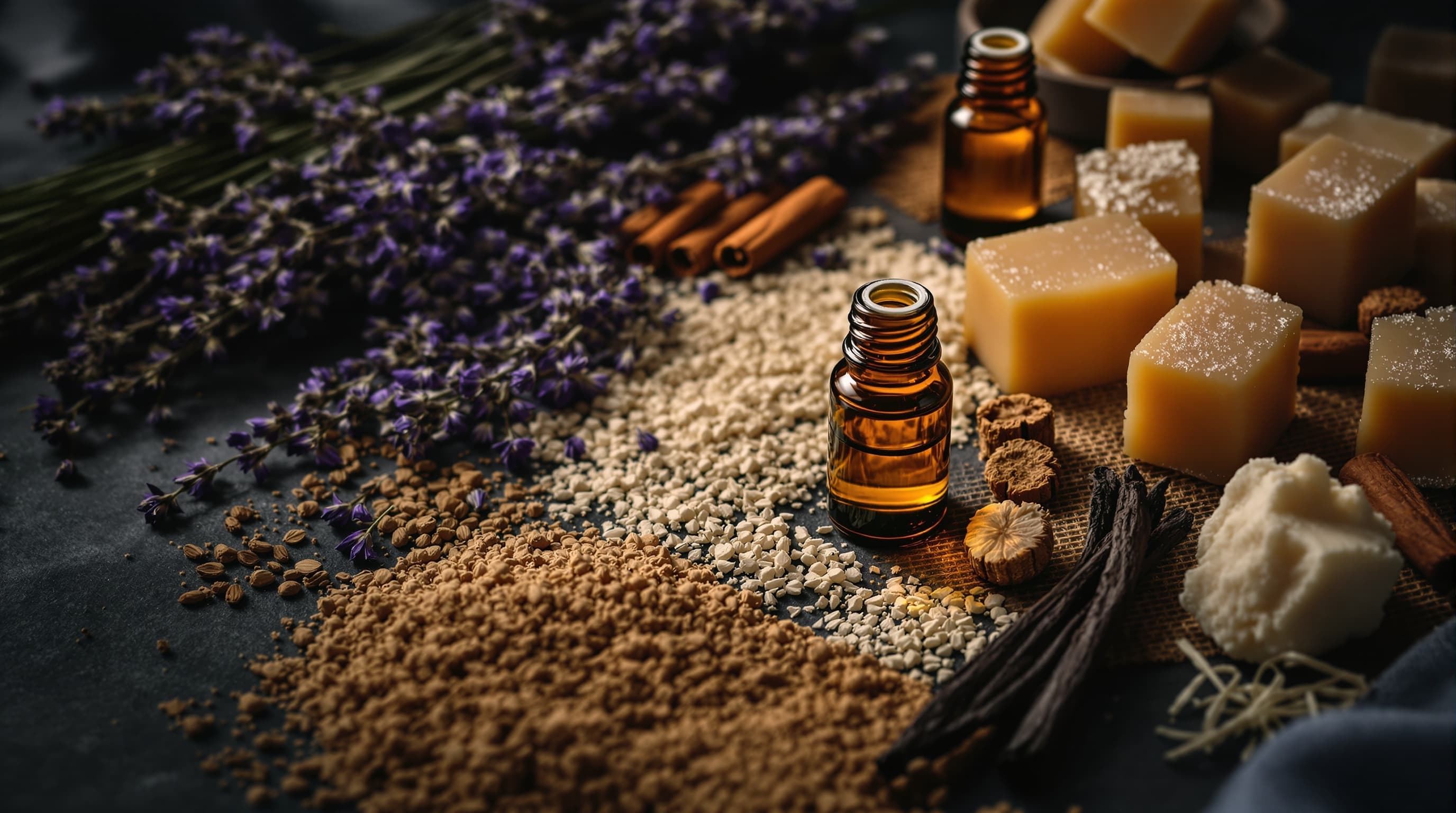 Sabonetes artesanais, óleos essenciais, lavanda e ingredientes naturais organizados sobre uma superfície rústica escura.