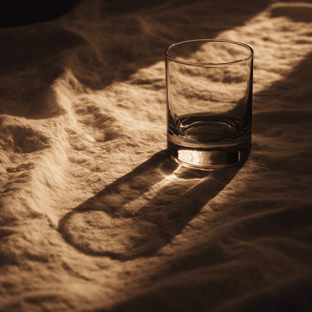 Copo de vidro vazio sobre tecido bege texturizado com luz solar e sombra longa projetada.