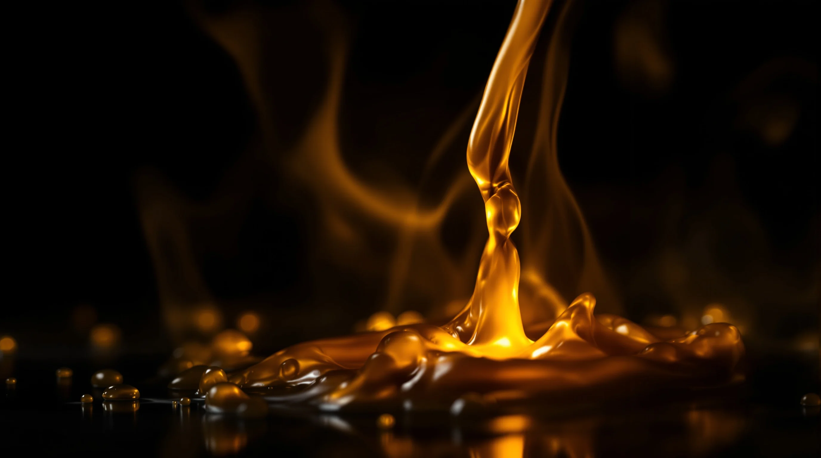 Líquido dourado viscoso sendo derramado, criando respingos brilhantes e vapor em fundo preto.