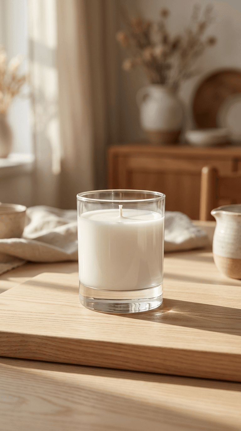 Vela branca em copo de vidro sobre tábua de madeira em ambiente iluminado e aconchegante.